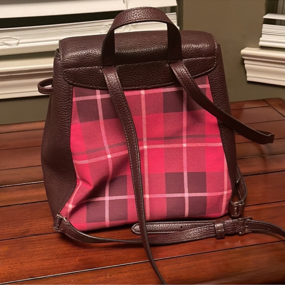 Kate Spade “Leila” Brown Leather & Pink Plaid Backpack, Lk New - Picture 3 of 13